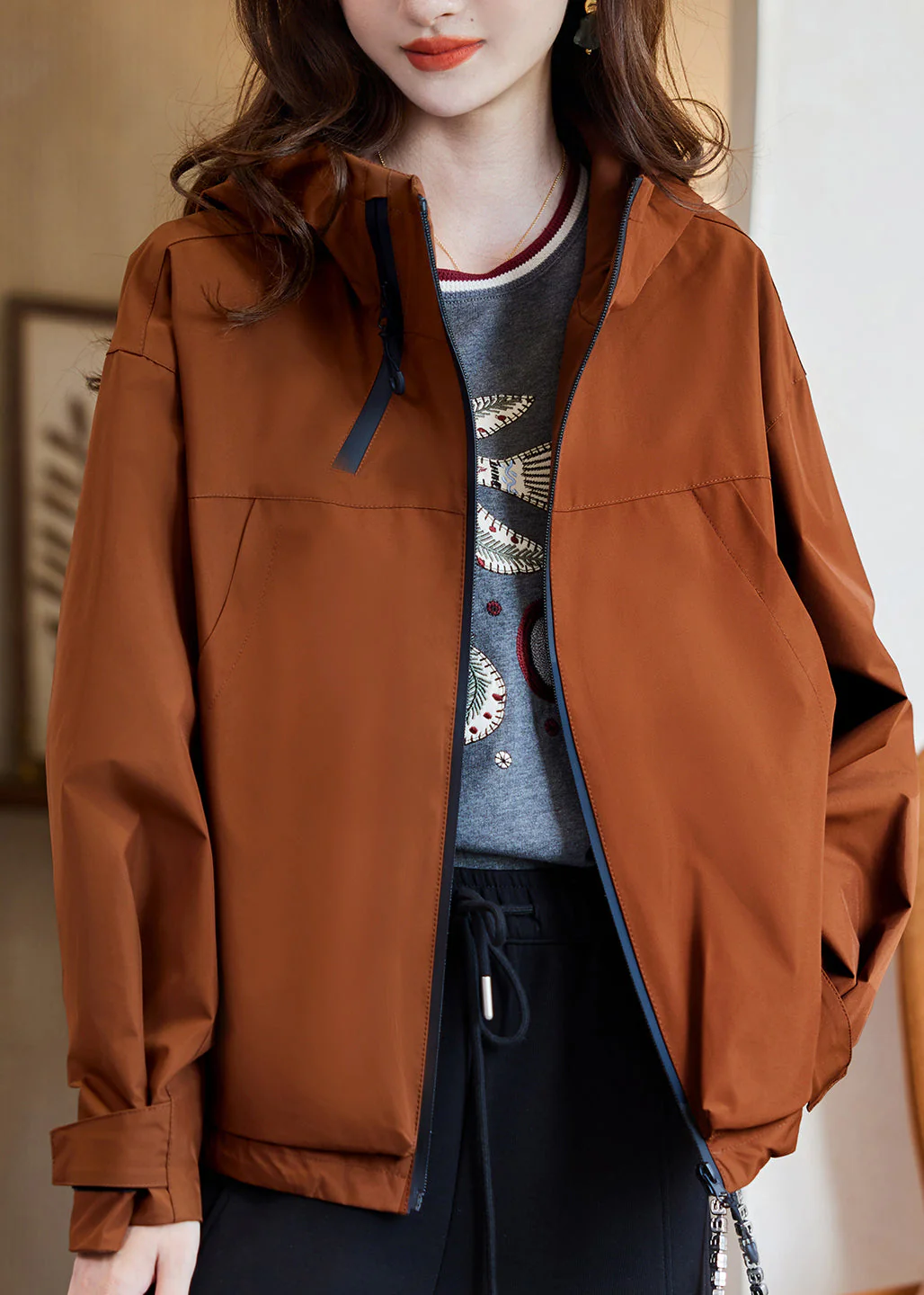 Casual Caramel Zippered Patchwork Hooded Coats Fall - Image 2