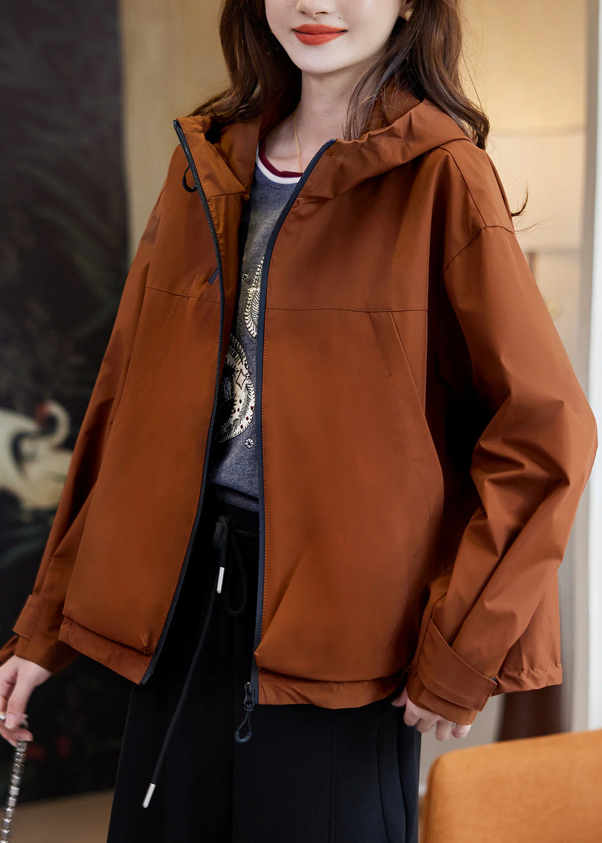Casual Caramel Zippered Patchwork Hooded Coats Fall - Image 3
