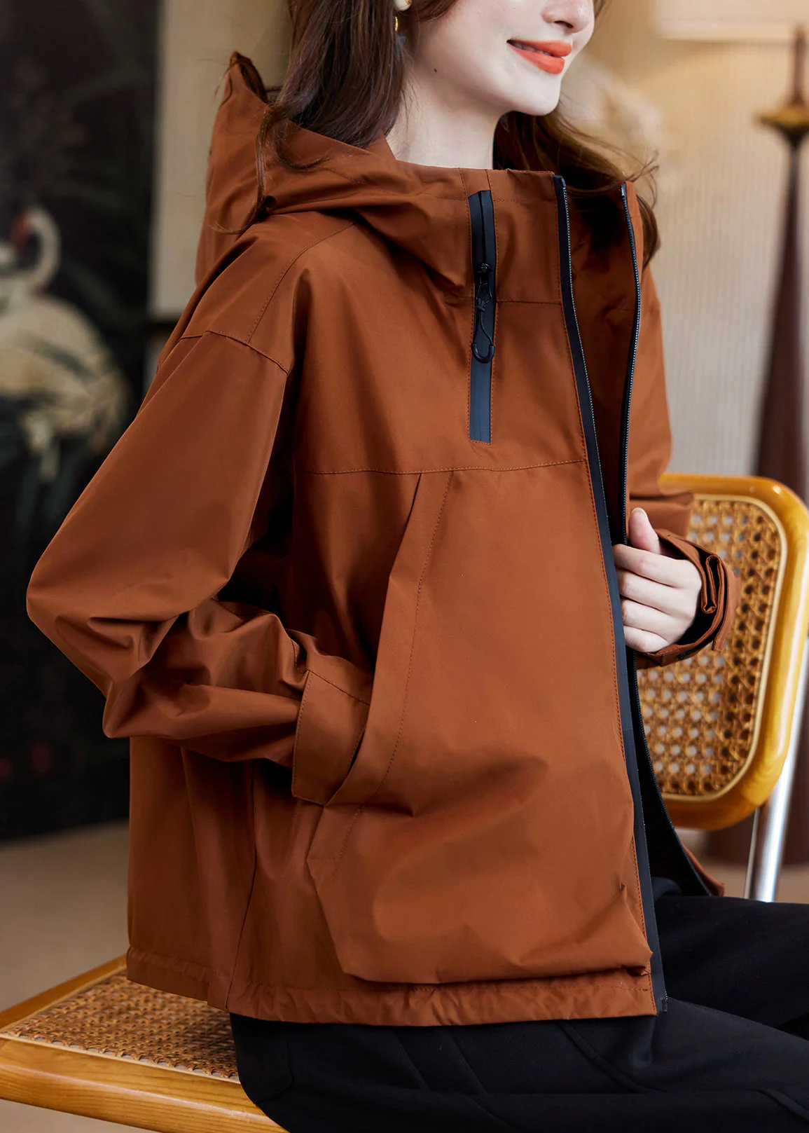 Casual Caramel Zippered Patchwork Hooded Coats Fall - Image 4