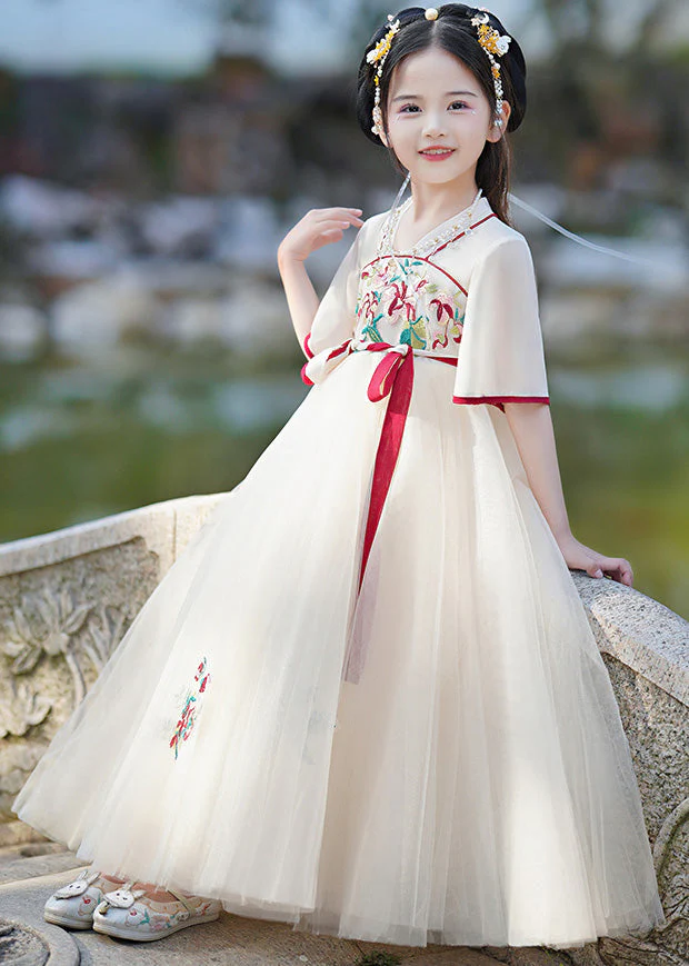 Casual Champagne V Neck Embroideried Patchwork Tie Waist Tulle Girls Long Dresses Summer - Image 2