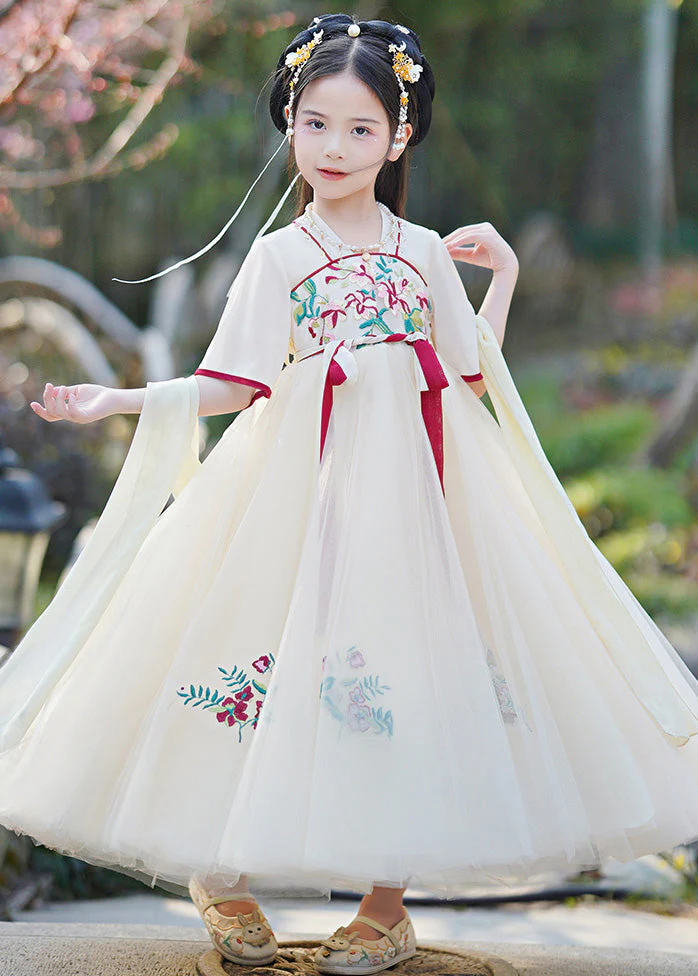 Casual Champagne V Neck Embroideried Patchwork Tie Waist Tulle Girls Long Dresses Summer - Image 3
