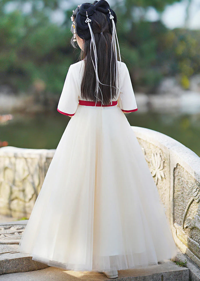 Casual Champagne V Neck Embroideried Patchwork Tie Waist Tulle Girls Long Dresses Summer - Image 4