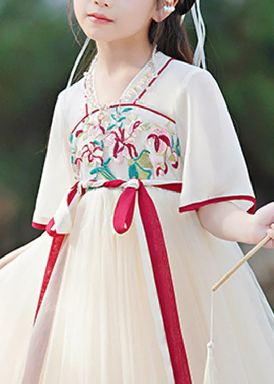 Casual Champagne V Neck Embroideried Patchwork Tie Waist Tulle Girls Long Dresses Summer - Image 5