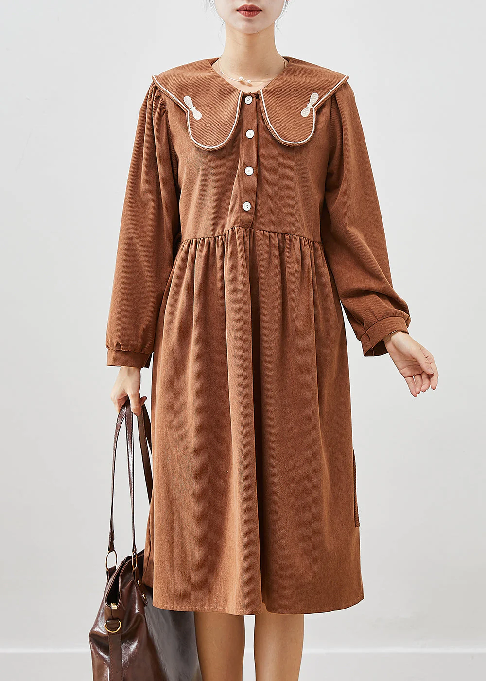 Casual Chocolate Oversized Butterfly Collar Corduroy Party Dress Fall - Image 2