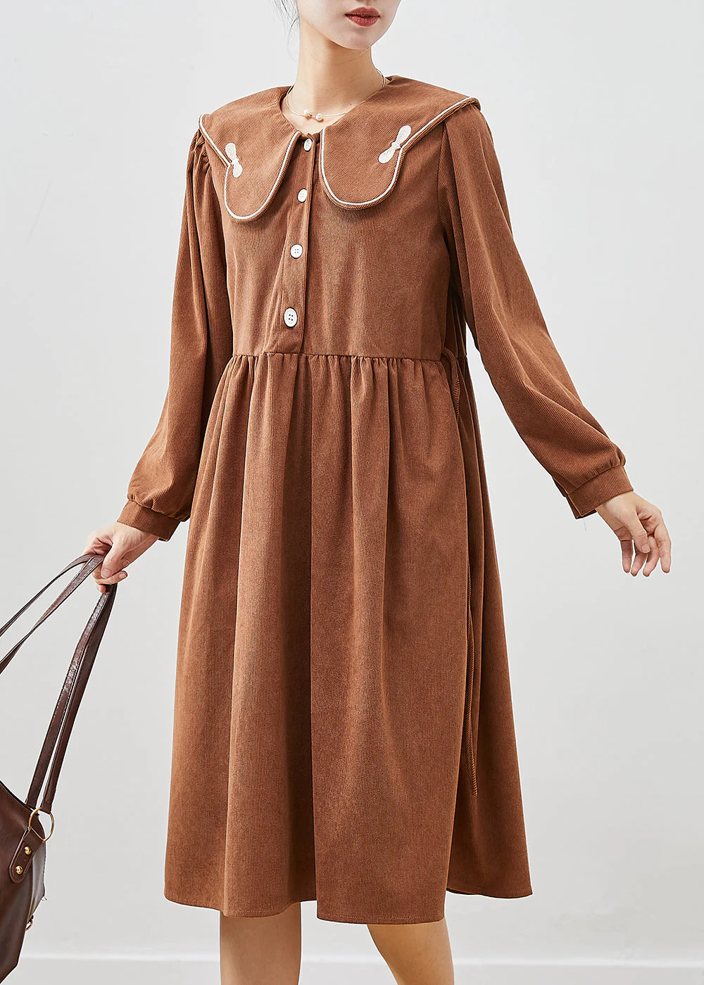Casual Chocolate Oversized Butterfly Collar Corduroy Party Dress Fall - Image 3