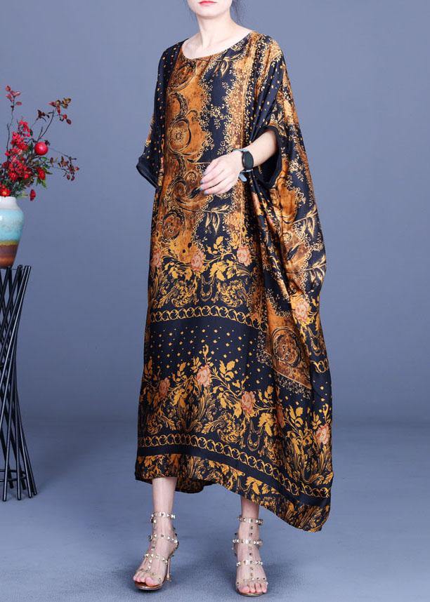 Casual Chocolate Print O-Neck Silk Summer Party Dress - Image 3