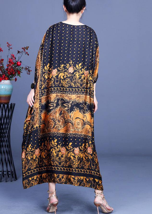 Casual Chocolate Print O-Neck Silk Summer Party Dress - Image 4