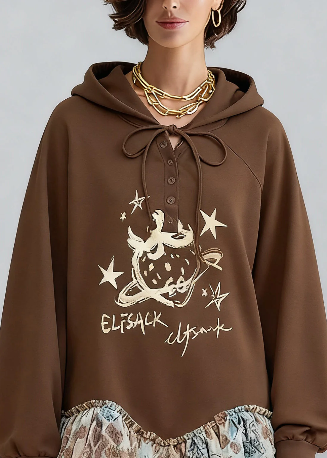 Casual Coffee Hooded Print Tulle Patchwork Sweatshirt Dresses Spring - Image 2