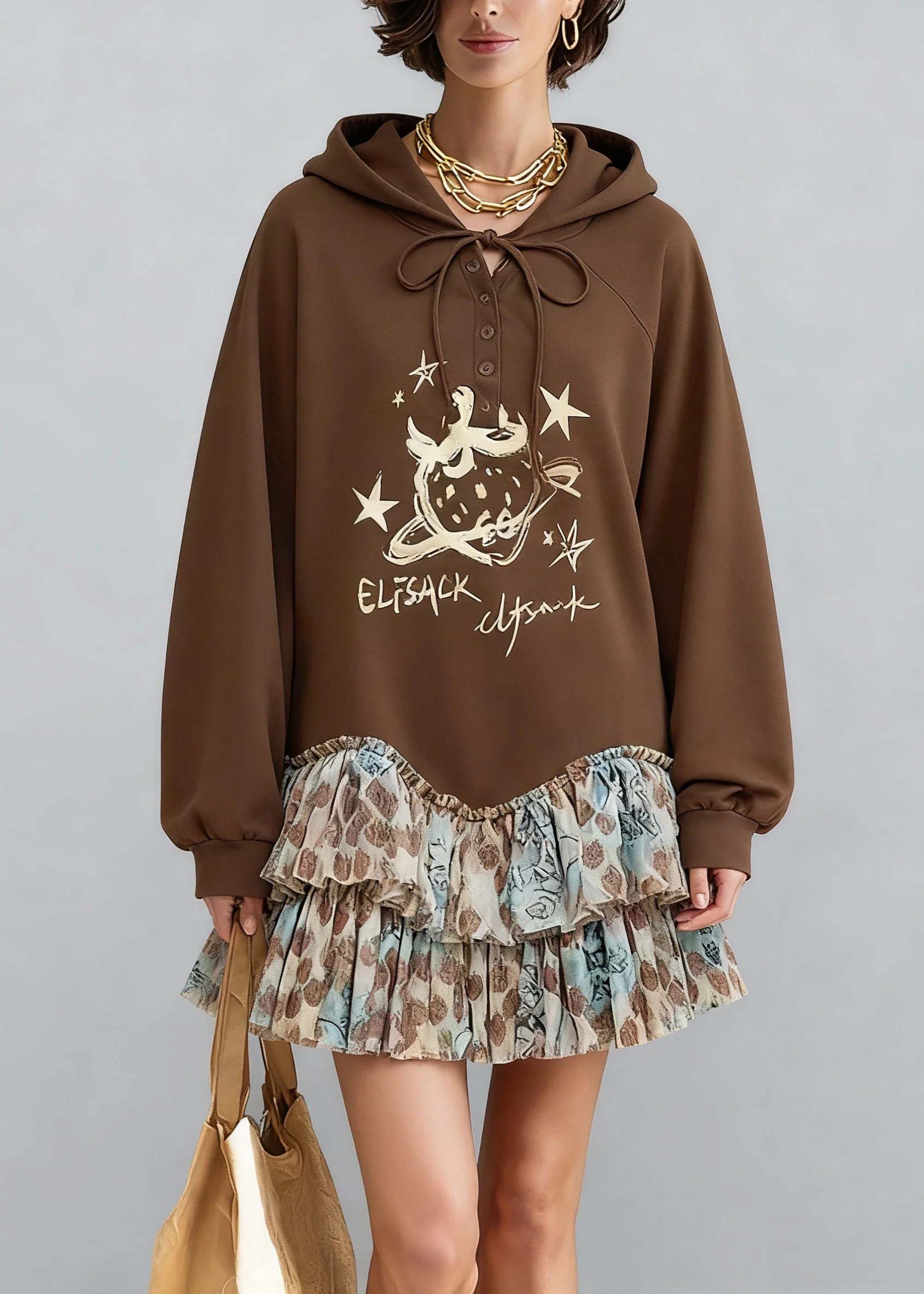 Casual Coffee Hooded Print Tulle Patchwork Sweatshirt Dresses Spring - Image 5
