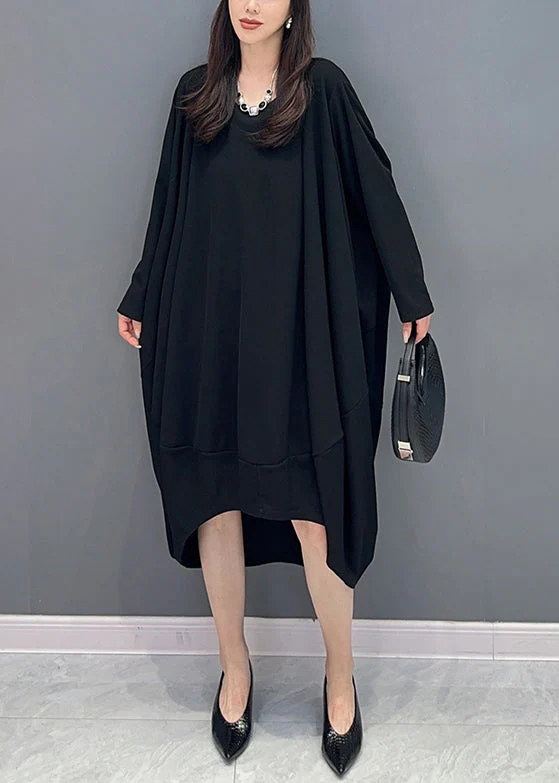 Casual Coffee O Neck Low High Design Patchwork Cotton Dresses Fall - Image 2