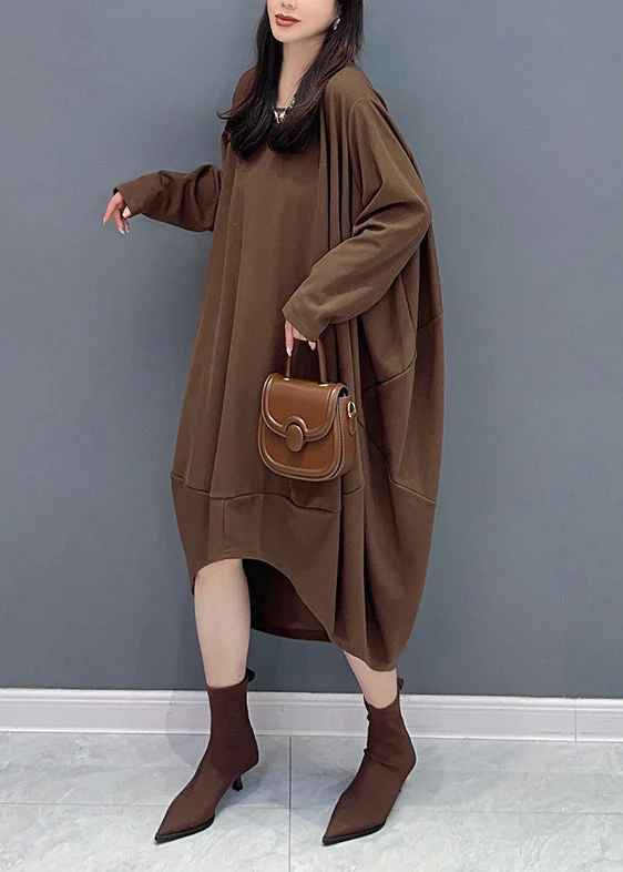Casual Coffee O Neck Low High Design Patchwork Cotton Dresses Fall - Image 3