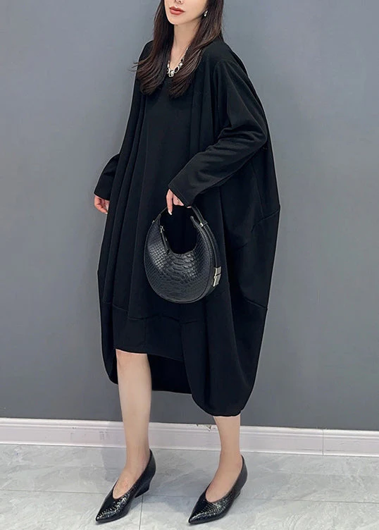Casual Coffee O Neck Low High Design Patchwork Cotton Dresses Fall - Image 4