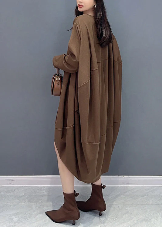 Casual Coffee O Neck Low High Design Patchwork Cotton Dresses Fall - Image 5