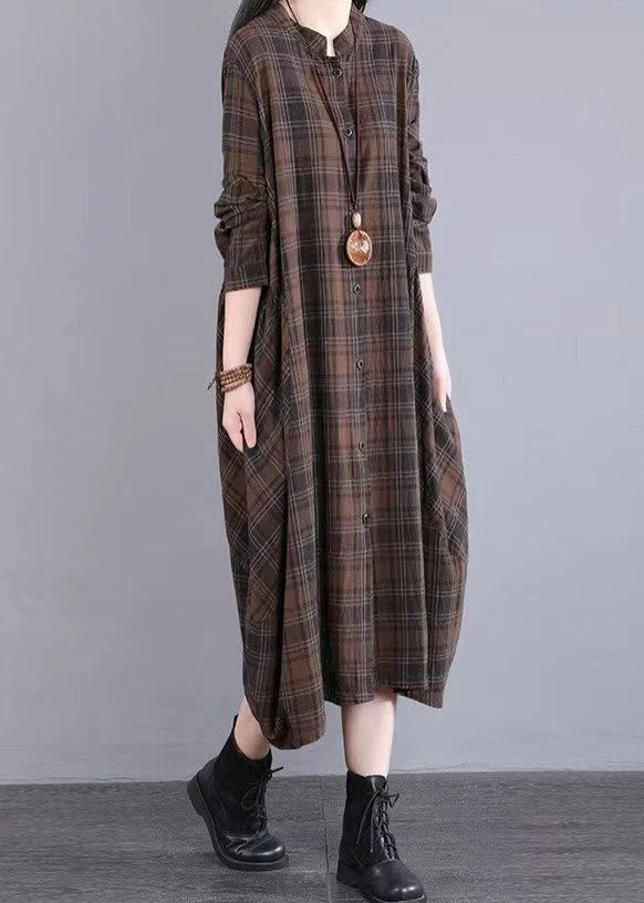 Casual Coffee Plaid Patchwork Cotton Shirts Dress Fall - Image 2