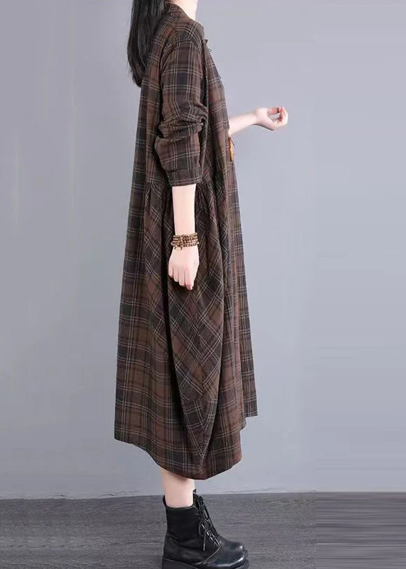 Casual Coffee Plaid Patchwork Cotton Shirts Dress Fall - Image 3