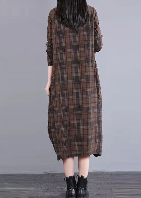 Casual Coffee Plaid Patchwork Cotton Shirts Dress Fall - Image 4
