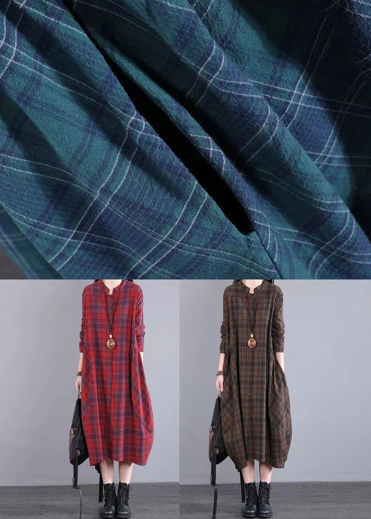 Casual Coffee Plaid Patchwork Cotton Shirts Dress Fall - Image 5