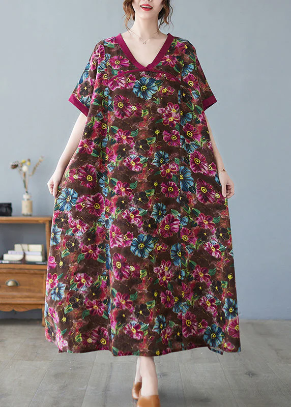 Casual Coffee V Neck Print Cozy Maxi Dress Short Sleeve - Image 2