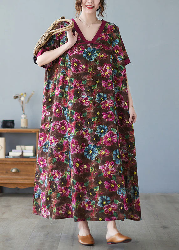 Casual Coffee V Neck Print Cozy Maxi Dress Short Sleeve - Image 3