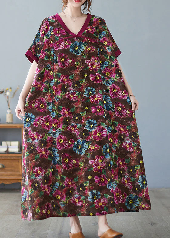 Casual Coffee V Neck Print Cozy Maxi Dress Short Sleeve - Image 4