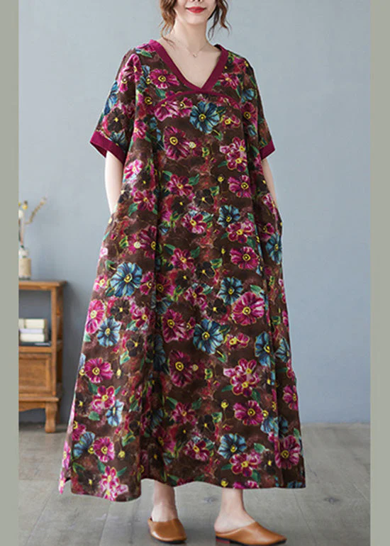 Casual Coffee V Neck Print Cozy Maxi Dress Short Sleeve - Image 5