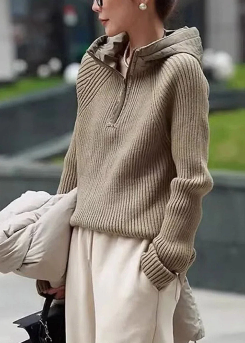 Casual Coffee Zippered Patchwork Hooded Knit Pullover Long Sleeve - Image 3