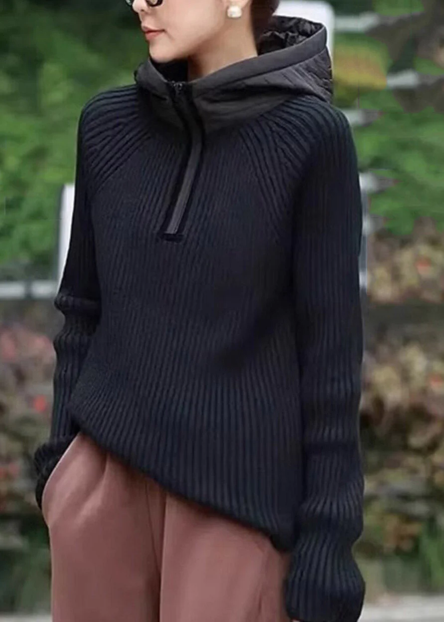 Casual Coffee Zippered Patchwork Hooded Knit Pullover Long Sleeve - Image 4