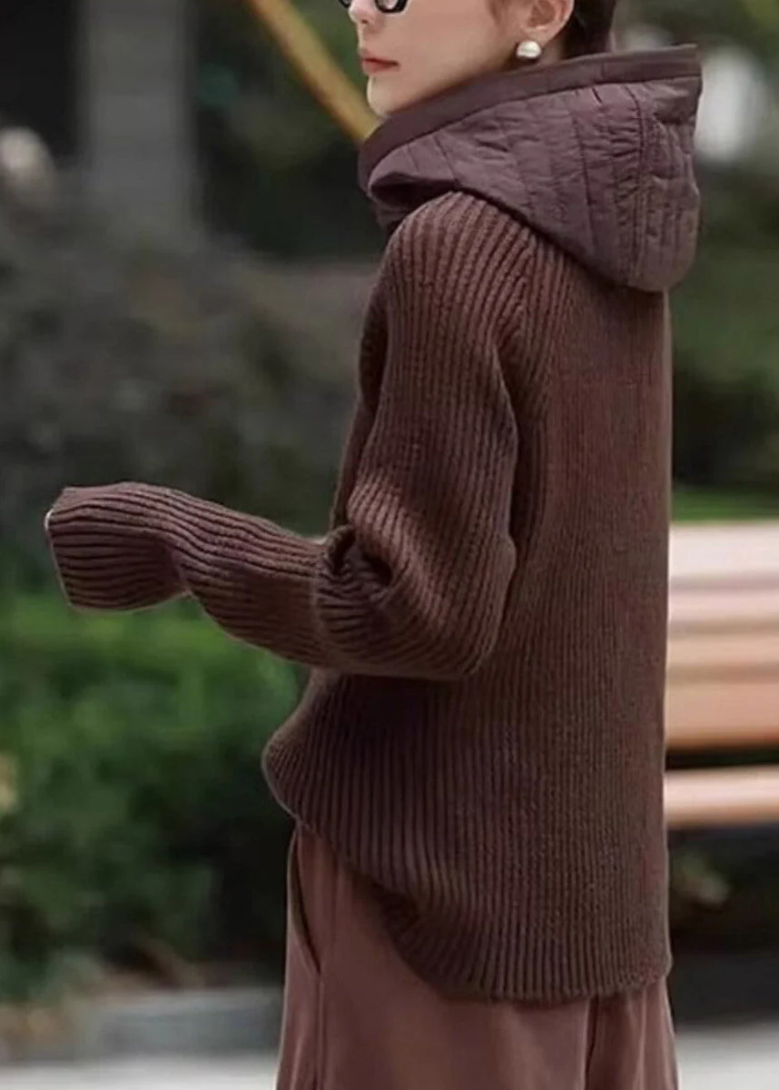 Casual Coffee Zippered Patchwork Hooded Knit Pullover Long Sleeve - Image 5