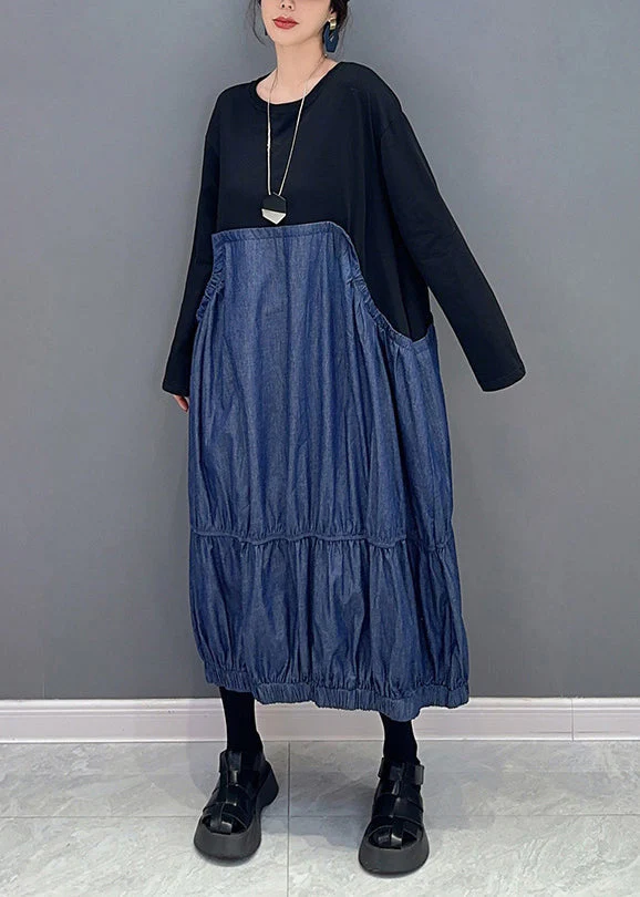 Casual Colorblock Oversized Patchwork Wrinkled Denim Dress Spring - Image 2