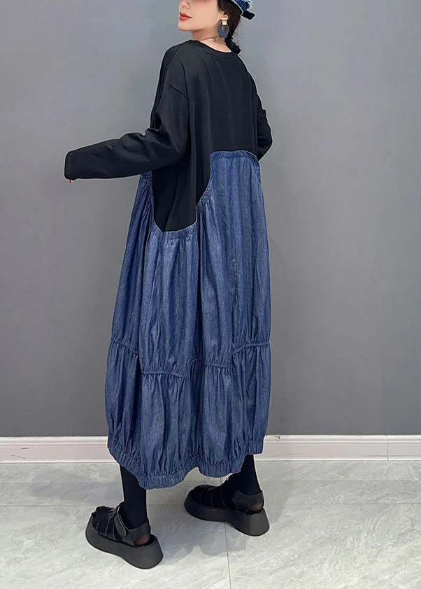 Casual Colorblock Oversized Patchwork Wrinkled Denim Dress Spring - Image 3