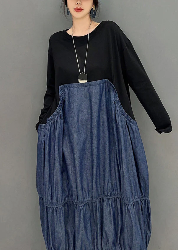 Casual Colorblock Oversized Patchwork Wrinkled Denim Dress Spring - Image 4