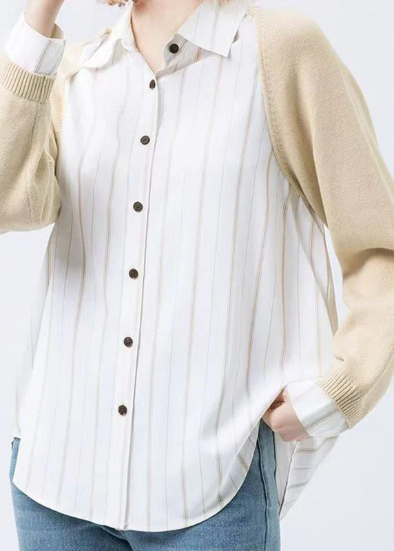 Casual Colorblock Peter Pan Collar Button Knit Patchwork Shirt Fall - Image 2