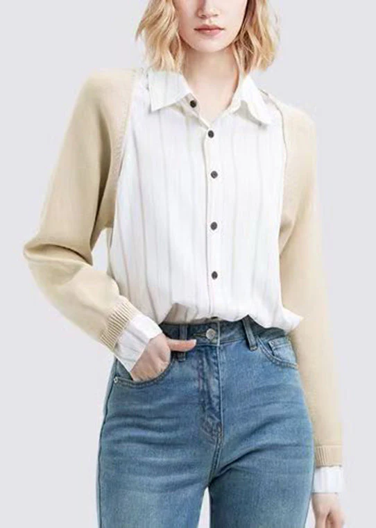 Casual Colorblock Peter Pan Collar Button Knit Patchwork Shirt Fall - Image 3