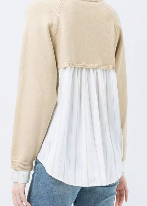 Casual Colorblock Peter Pan Collar Button Knit Patchwork Shirt Fall - Image 4