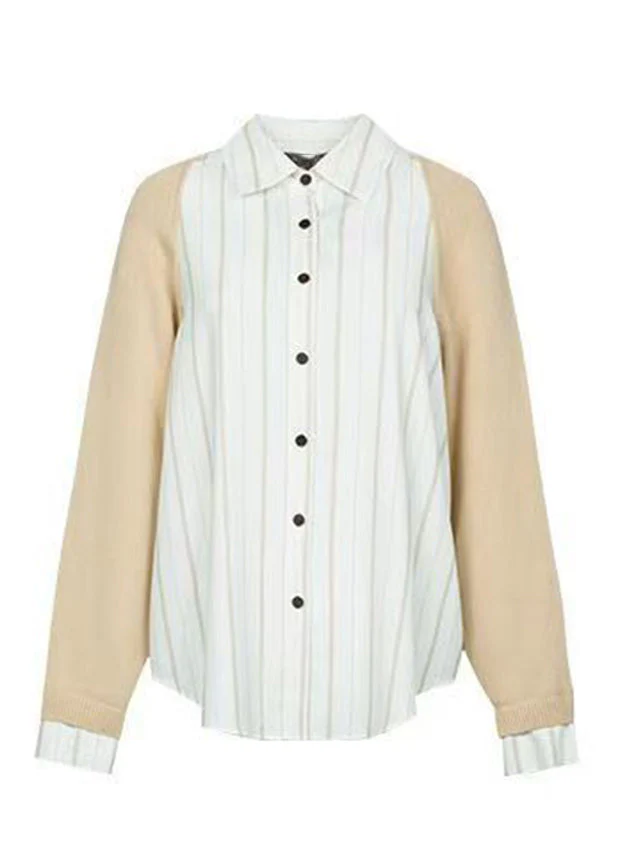 Casual Colorblock Peter Pan Collar Button Knit Patchwork Shirt Fall - Image 5