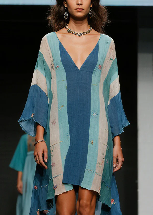 Casual Colorblock V Neck Floral Asymmetrical Cotton Dress Spring - Image 2