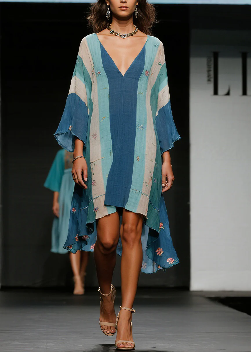 Casual Colorblock V Neck Floral Asymmetrical Cotton Dress Spring - Image 5