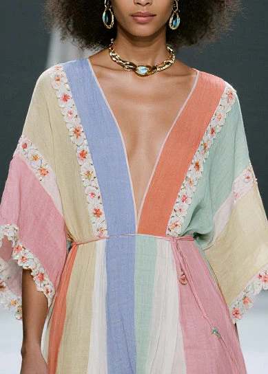 Casual Colorblock V Neck Floral Cotton Dress Summer - Image 2