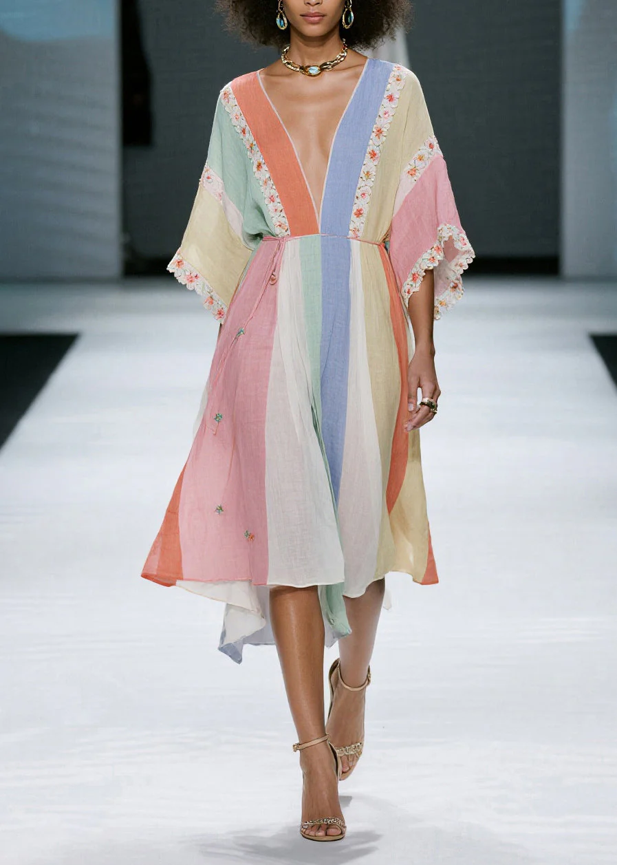 Casual Colorblock V Neck Floral Cotton Dress Summer - Image 3