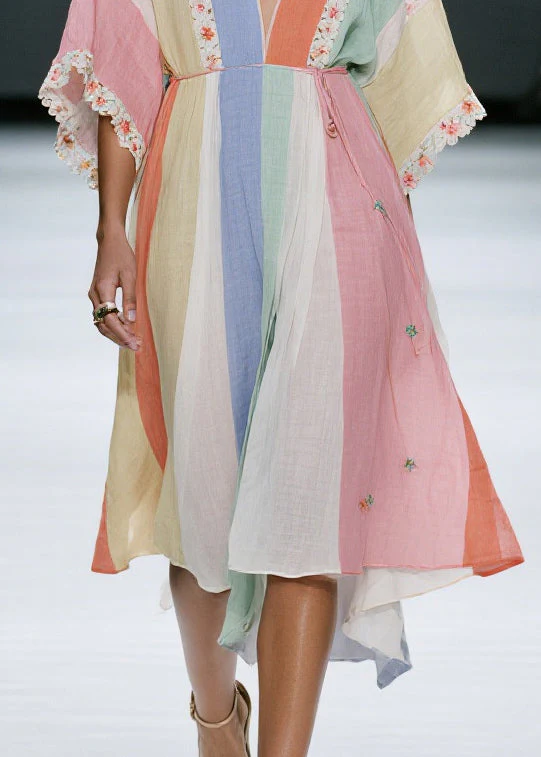 Casual Colorblock V Neck Floral Cotton Dress Summer - Image 4