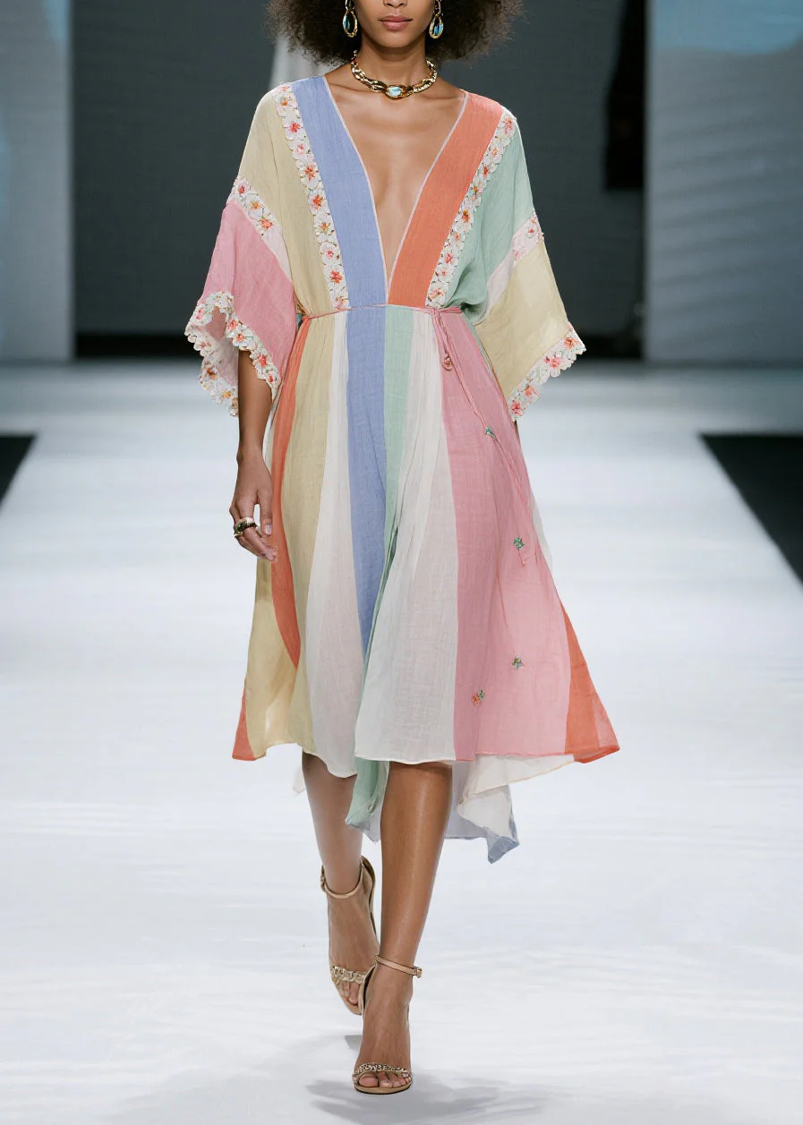 Casual Colorblock V Neck Floral Cotton Dress Summer - Image 5