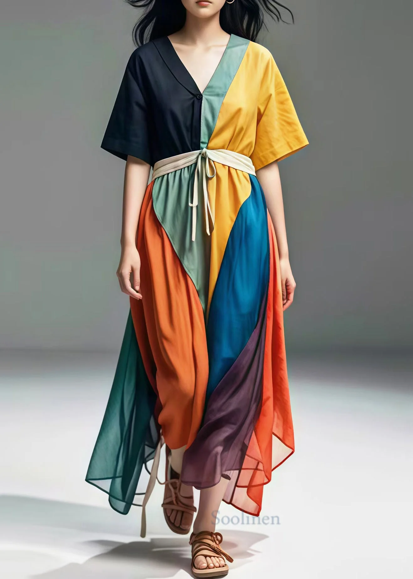 Casual Colorblock V Neck Patchwork Cotton Maxi Dresses Summer - Image 2