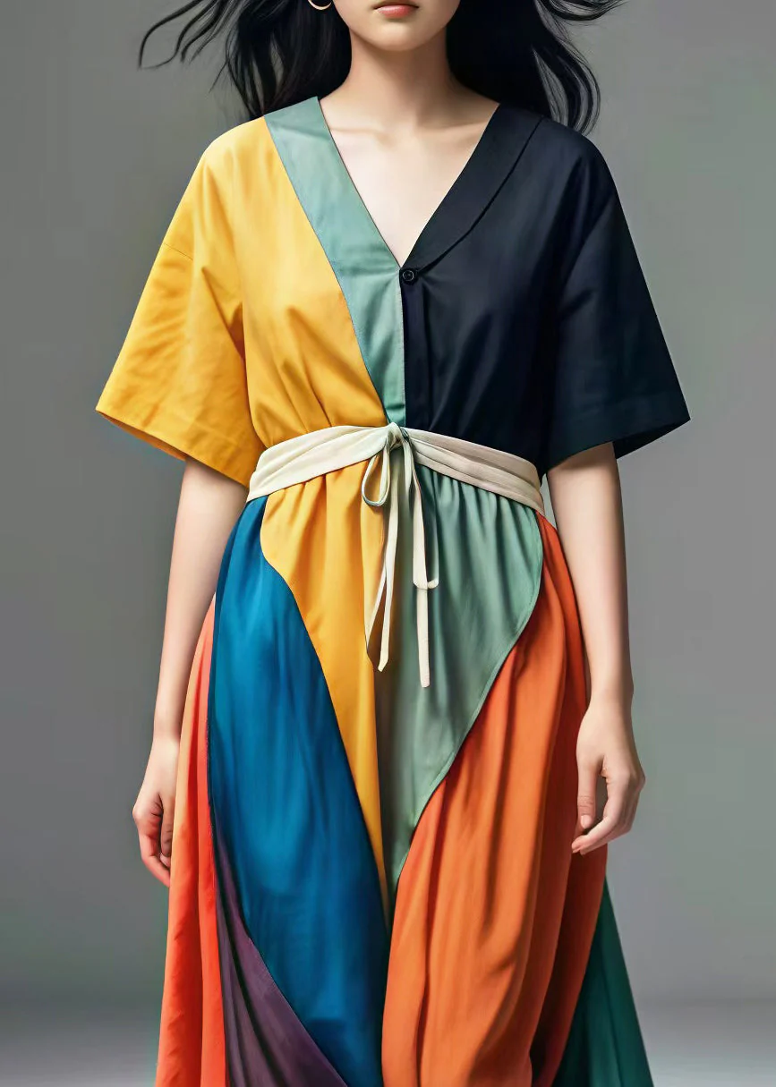 Casual Colorblock V Neck Patchwork Cotton Maxi Dresses Summer - Image 3