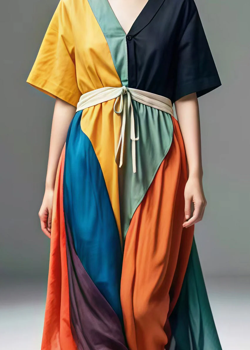 Casual Colorblock V Neck Patchwork Cotton Maxi Dresses Summer - Image 4