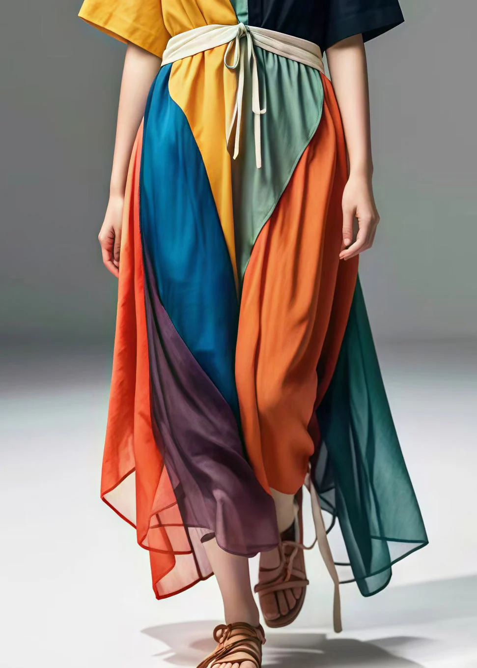 Casual Colorblock V Neck Patchwork Cotton Maxi Dresses Summer - Image 5