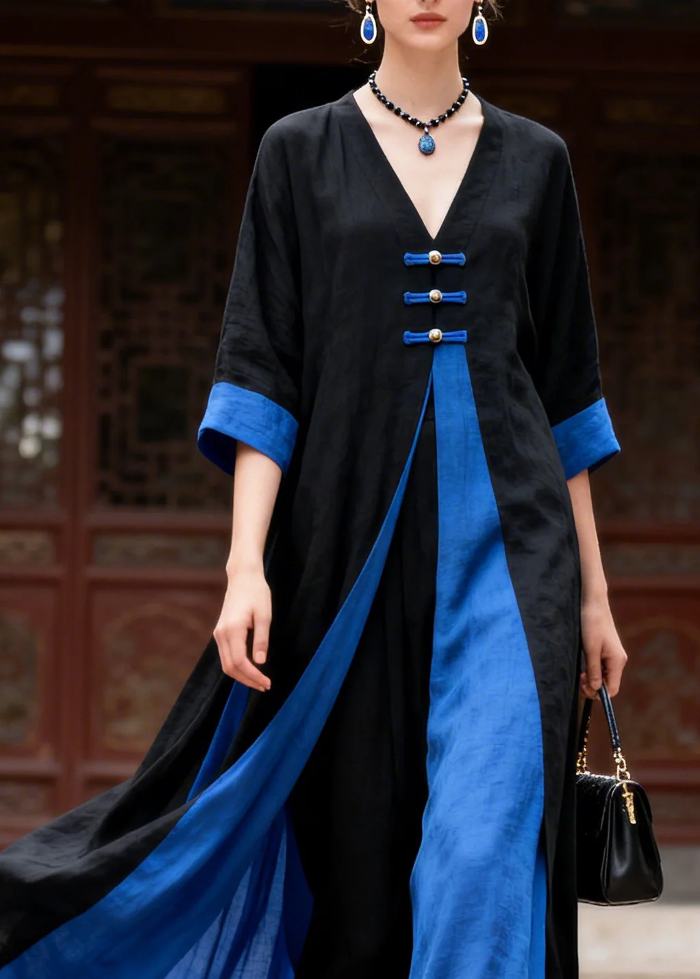 Casual Colorblock V Neck Solid Maxi Dress Summer - Image 2