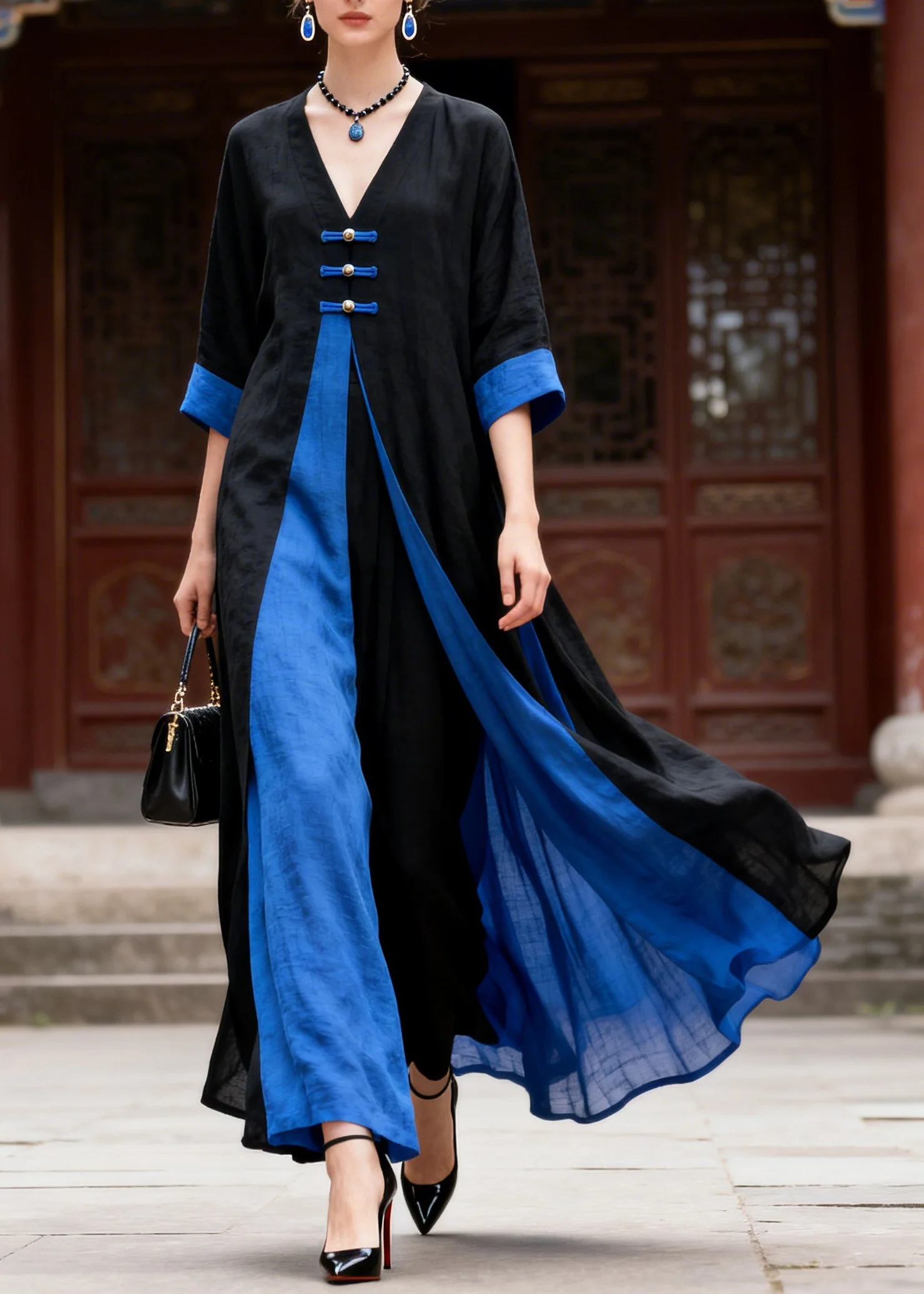 Casual Colorblock V Neck Solid Maxi Dress Summer - Image 3