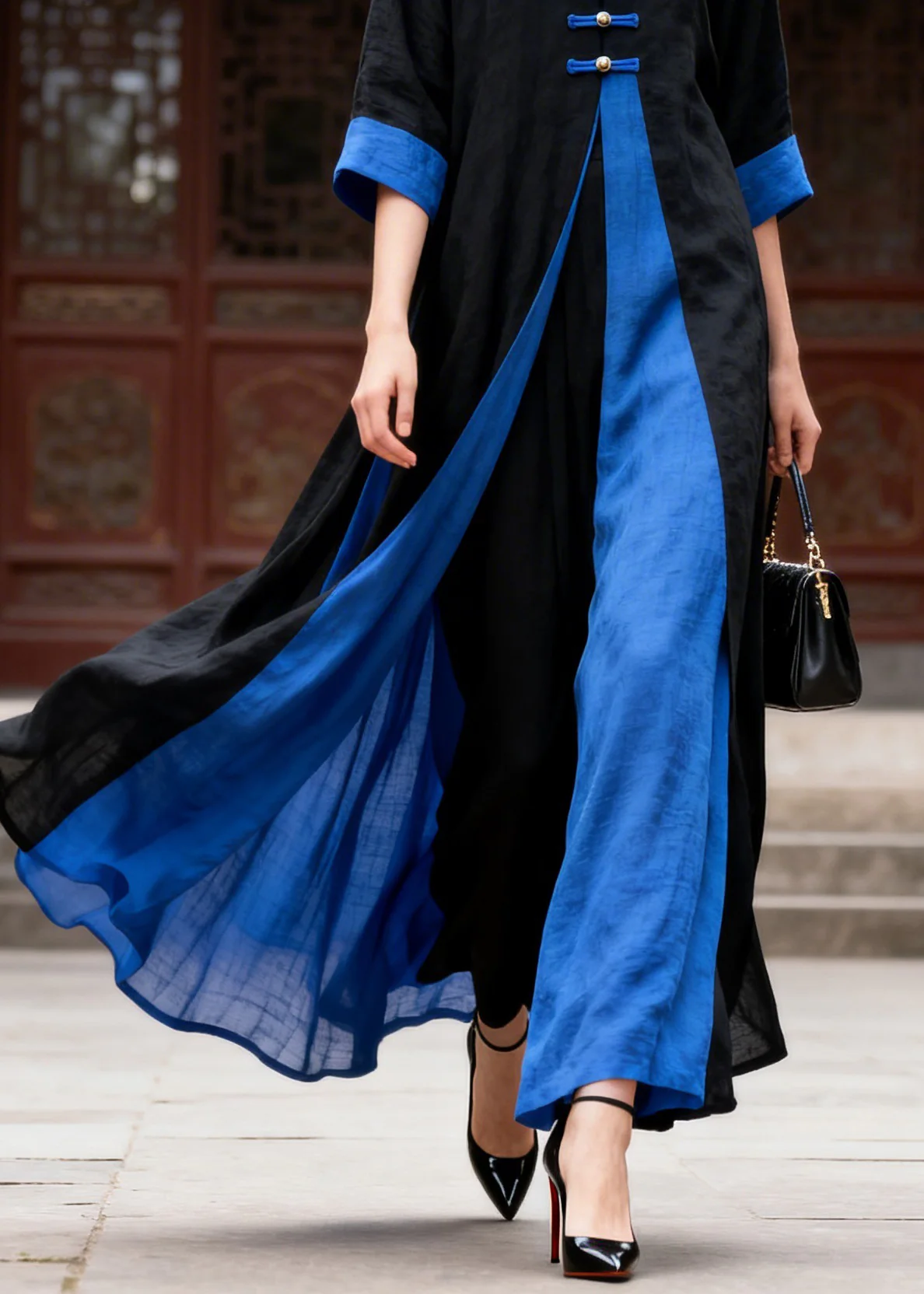 Casual Colorblock V Neck Solid Maxi Dress Summer - Image 4