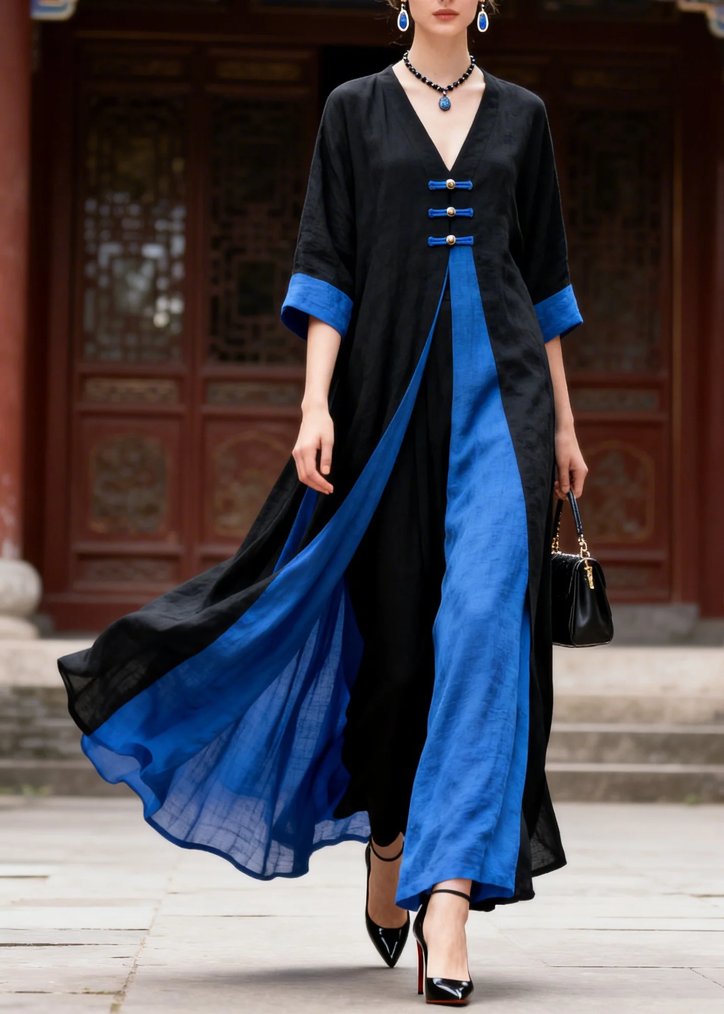 Casual Colorblock V Neck Solid Maxi Dress Summer - Image 5