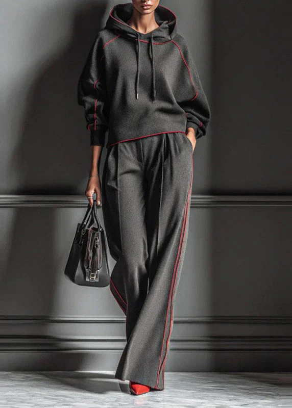 Casual Dark Gray Hooded Striped Sweatshirts And Pants Cotton Two Pieces Set Spring
